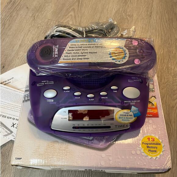 Vintage Timex AM/FM Alarm Clock Purple Transparent Telephone Landline model t299 - Picture 1 of 6
